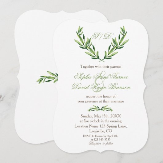 Emerald Green Olive Wreath Monogram Wedding Kaart (Voorkant / Achterkant)