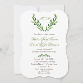 Emerald Green Olive Wreath Monogram Wedding Kaart