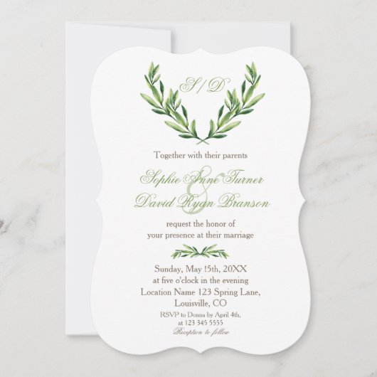 Emerald Green Olive Wreath Monogram Wedding Kaart (Voorkant)