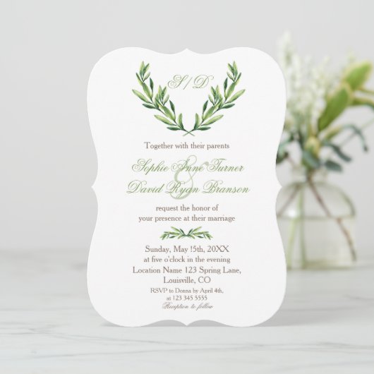 Emerald Green Olive Wreath Monogram Wedding Kaart (Staand voorkant)