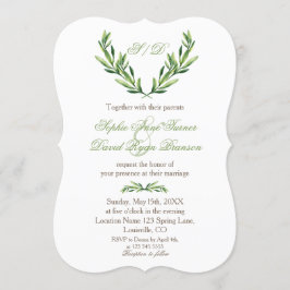 Emerald Green Olive Wreath Monogram Wedding Kaart