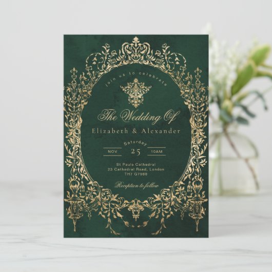Emerald Green Ornate Emerald and gold foil Wedding Kaart (Staand voorkant)
