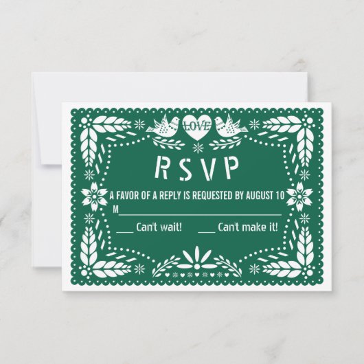 Emerald green papel picado houdt van bruiloft RSVP kaartje (Voorkant)