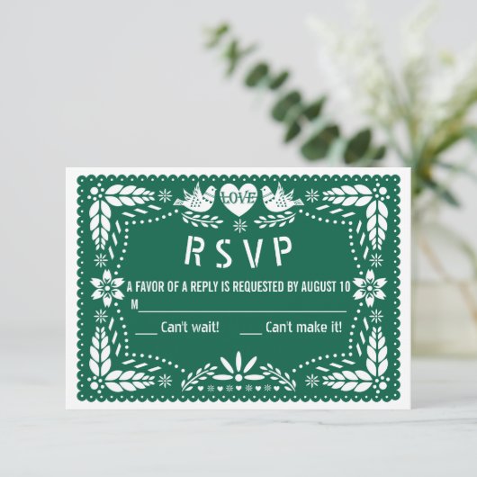 Emerald green papel picado houdt van bruiloft RSVP kaartje (Staand voorkant)