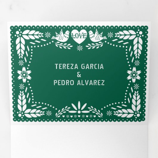 Emerald Green papel picado houdt van het huwelijk Drieluik Uitnodiging (Binnenzijde eerst)