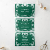 Emerald Green papel picado houdt van het huwelijk Drieluik Uitnodiging (Binnen)