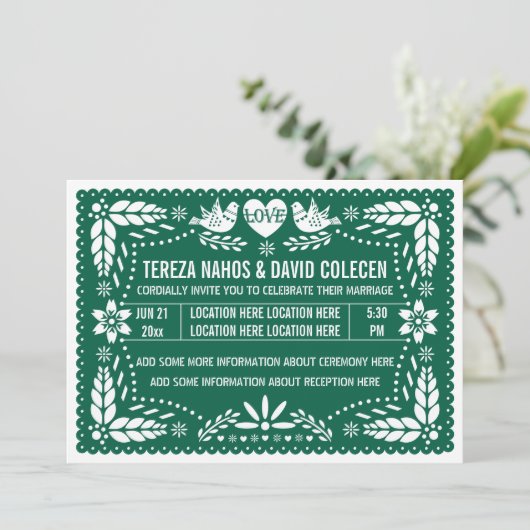 Emerald green papel picado houdt van het huwelijk kaart (Staand voorkant)