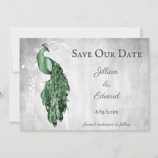 Emerald Green Peacock bewaar de datum Aankondiging (Voorkant)
