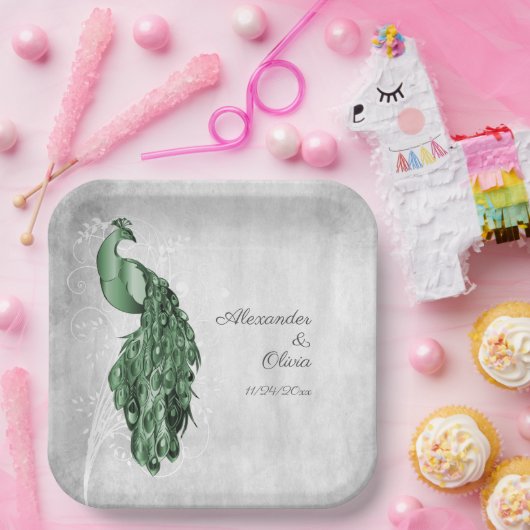 Emerald Green Peacock Bruiloft Douche Papier Borde Papieren Bordje (Feest)