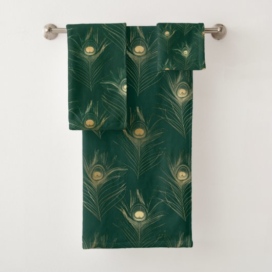 EMERALD GREEN PEACOCK FEATHER BATHROOM TOWEL SET BAD HANDDOEK (Insitu)