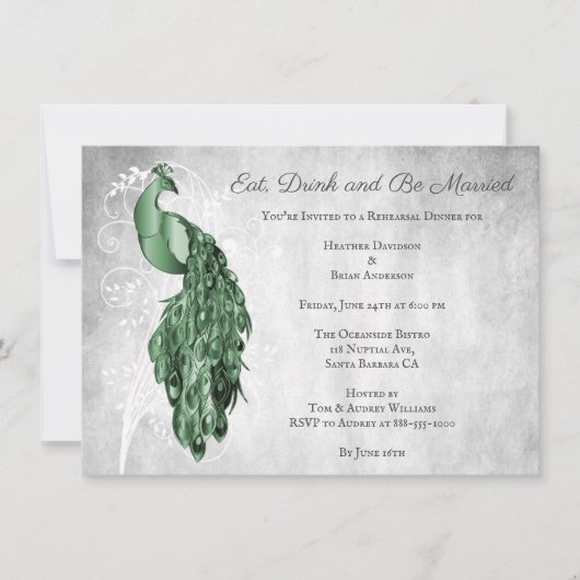 Emerald Green Peacock Rehearsal Dinner Invitation Kaart (Voorkant)