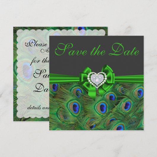 Emerald green Peacock Save the Date (Voorkant / Achterkant)