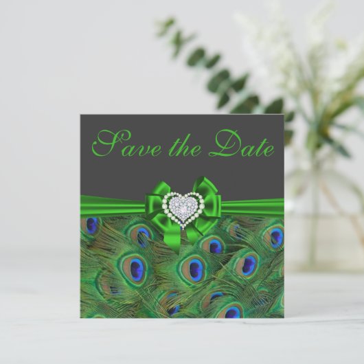 Emerald green Peacock Save the Date (Staand voorkant)