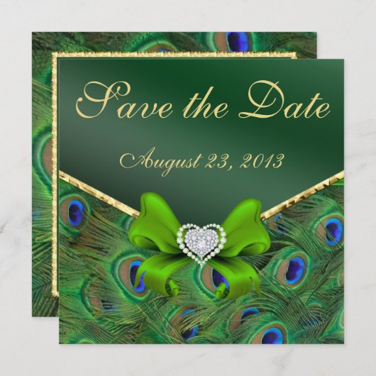 Emerald green Peacock Save the Date (Voorkant / Achterkant)
