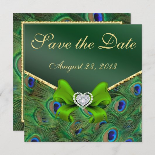 Emerald green Peacock Save the Date (Voorkant / Achterkant)