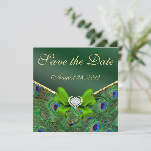 Emerald green Peacock Save the Date (Staand voorkant)
