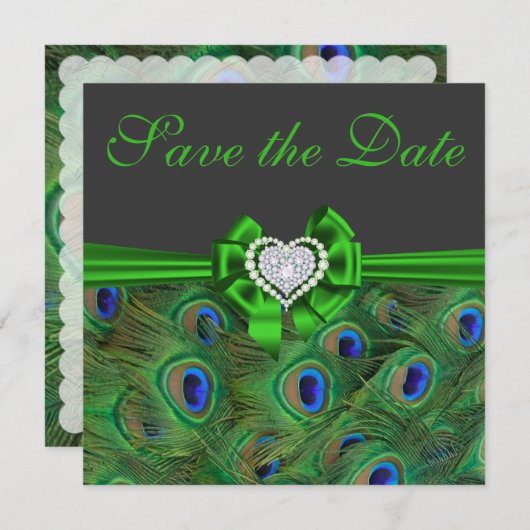 Emerald green Peacock Save the Date (Voorkant / Achterkant)