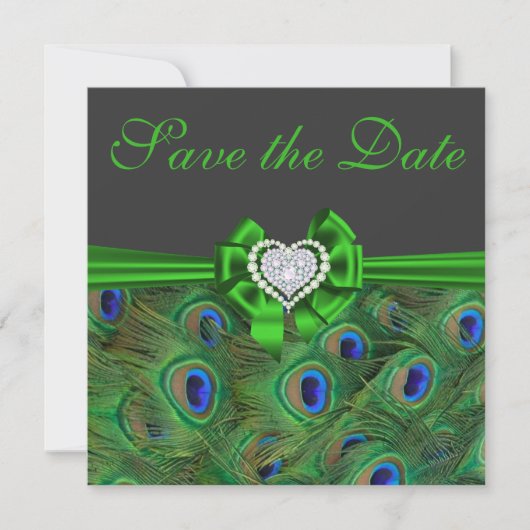 Emerald green Peacock Save the Date (Voorkant)