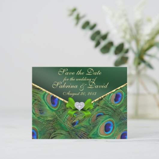 Emerald Green Peacock Save the Date Briefkaart (Staand voorkant)