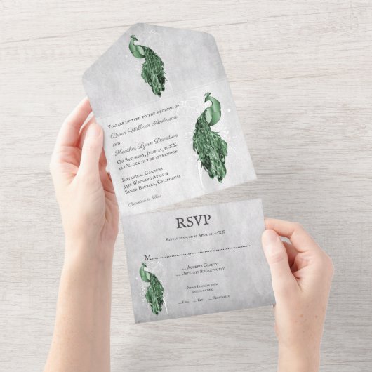 Emerald Green Peacock Wedding All In One Uitnodiging (Afscheurbaar)
