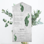 Emerald Green Peacock Wedding All In One Uitnodiging<br><div class="desc">Nodig gasten uit voor je aanstaande bruiloft met een Emerald Green Peacock All in One Wedding Invite. Het uitgenodigde ontwerp is voorzien van een levendige pauw die rust op een delicaat witte bladblaasje tegen een grijze achtergrond met een geperforeerde reactiekaart. Personaliseer met de bruom en de namen van de bruid...</div>