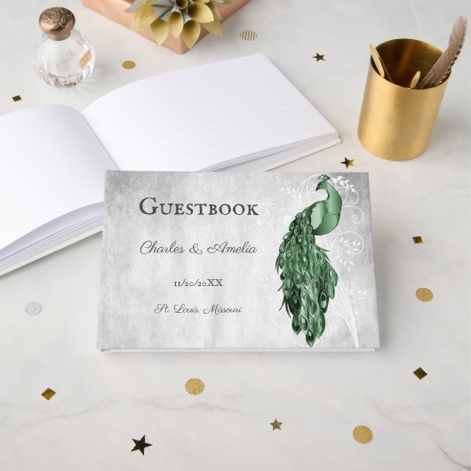 Emerald Green Peacock Wedding Guest Book Gastenboek (Voorkant open)