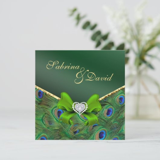 Emerald Green Peacock Wedding Invitation Kaart (Staand voorkant)
