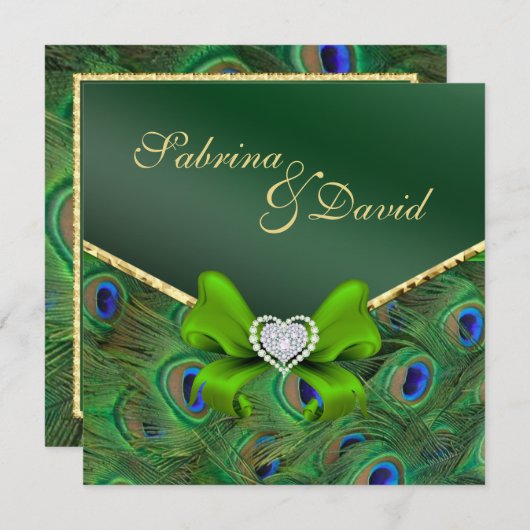 Emerald Green Peacock Wedding Invitation Kaart (Voorkant / Achterkant)