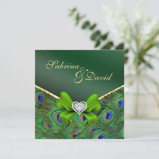 Emerald Green Peacock Wedding Invitation Kaart (Staand voorkant)