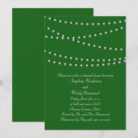 Emerald Green Pearls Rehearsal Dinner Kaart (Voorkant / Achterkant)