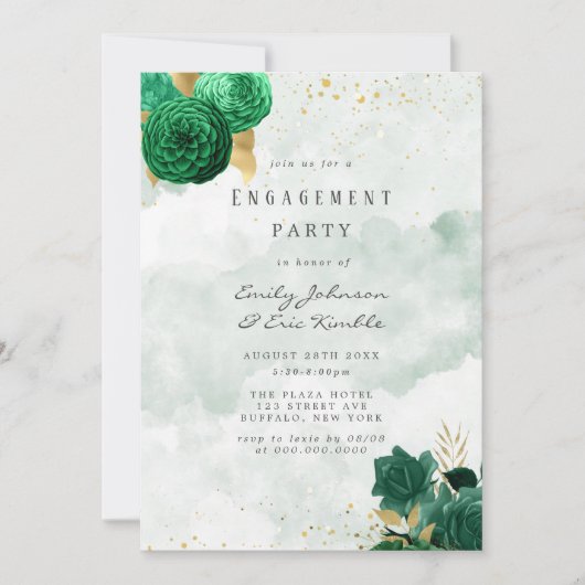 Emerald Green Peony en Gold Engagement Party Kaart (Voorkant)
