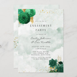 Emerald Green Peony en Gold Engagement Party Kaart
