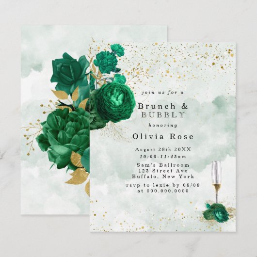 Emerald Green Peony Gold Brunch & Bubble Invite Kaart (Voorkant / Achterkant)