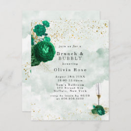 Emerald Green Peony Gold Brunch & Bubble Invite Kaart