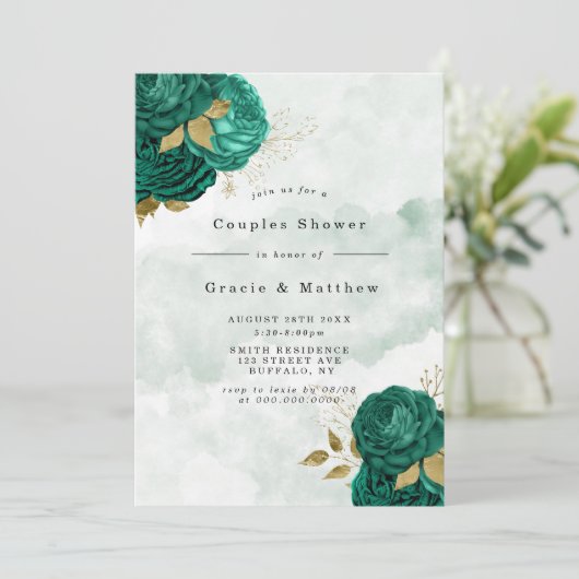 Emerald Green Peony Gold Couples Shower Invites (Staand voorkant)
