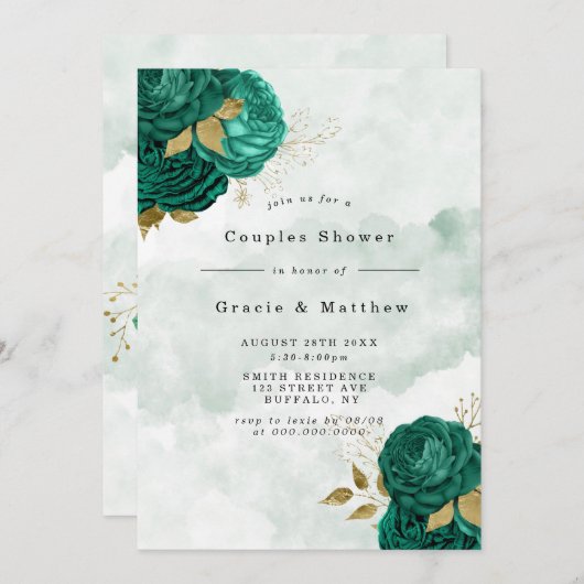 Emerald Green Peony Gold Couples Shower Invites (Voorkant / Achterkant)