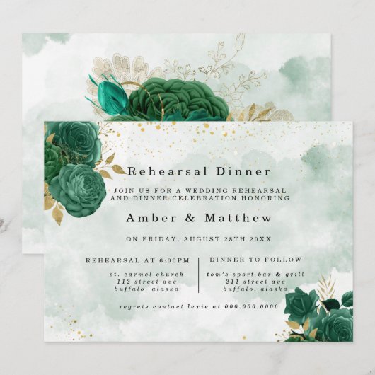 Emerald Green Peony Gold Glitter Rehearsal Dinner Kaart (Voorkant / Achterkant)