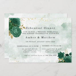 Emerald Green Peony Gold Glitter Rehearsal Dinner Kaart