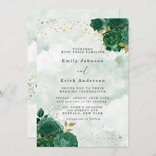 Emerald Green Peony Gold Glitter Wedding Kaart (Voorkant / Achterkant)