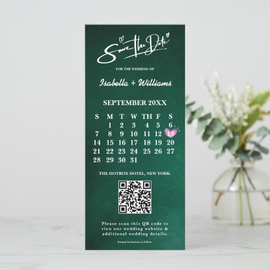 Emerald Green PHOTO QR Code Calendar Save The Date (Staand voorkant)