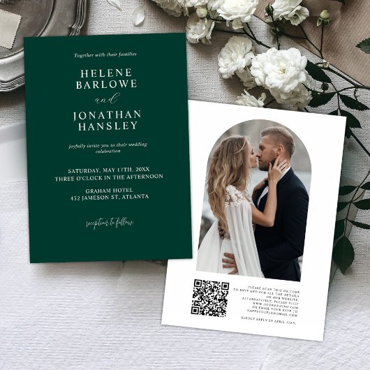 Emerald Green Photo QR Code Wedding Kaart