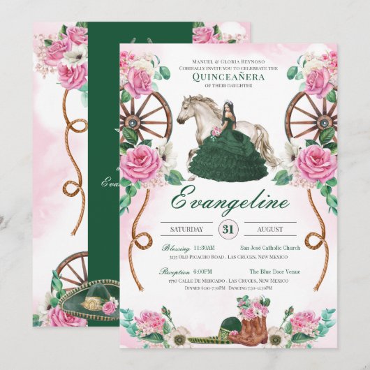 Emerald Green & Pink Floral Charro Quinceanera Kaart (Voorkant / Achterkant)