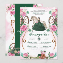 Emerald Green & Pink Floral Charro Quinceanera Kaart