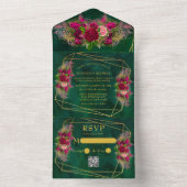 Emerald Green Pink Peony Roses Wedding All In One All In One Uitnodiging (Binnen)