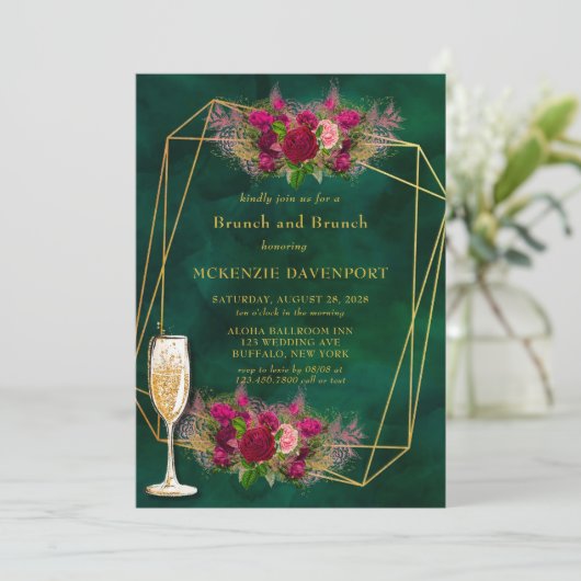 Emerald Green Pink Peony Rozen Brunch en Bubble Kaart (Staand voorkant)