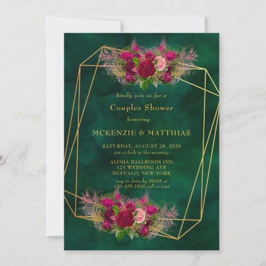 Emerald Green Pink Peony Rozen Couples Shower Kaart (Voorkant)