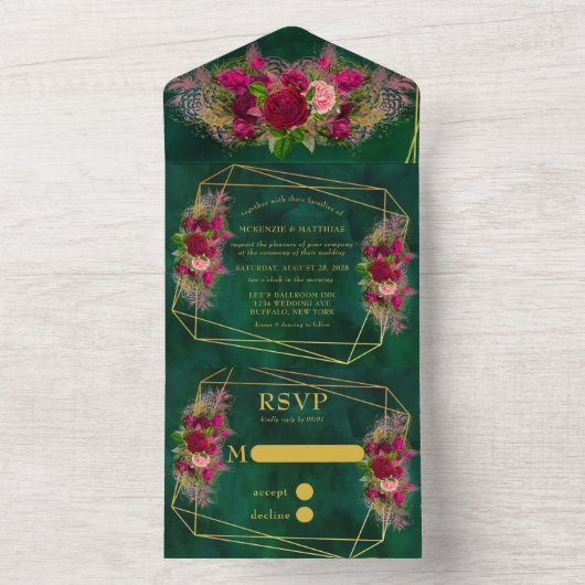 Emerald Green Pink Peony Rozen Wedding All In One Uitnodiging (Binnen)