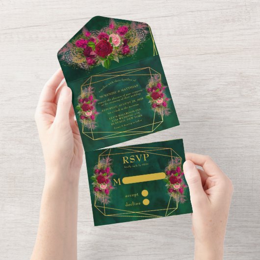 Emerald Green Pink Peony Rozen Wedding All In One Uitnodiging (Afscheurbaar)