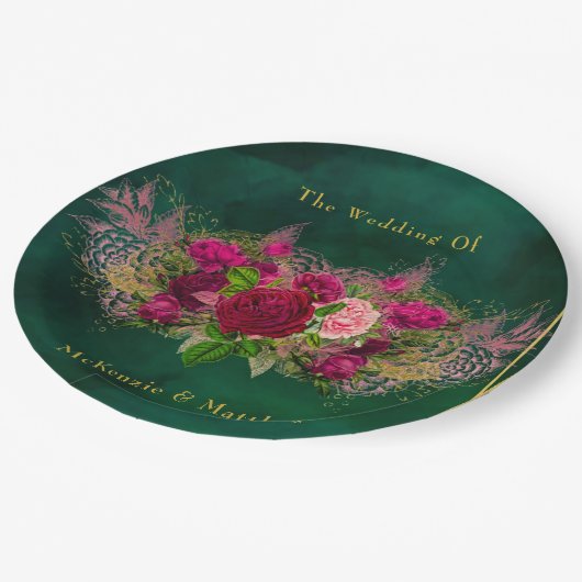 Emerald Green Pink Peony Rozen Wedding Papieren Bordje (Gekanteld)