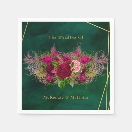 Emerald Green Pink Peony Rozen Wedding Servet (Voorkant)